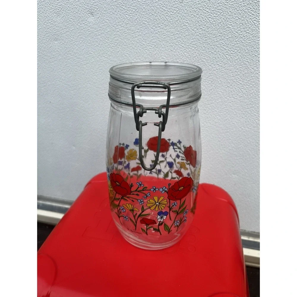 Vintage Arc France R. Carmen Wild Poppy Glass Hinged Jar Canister 9